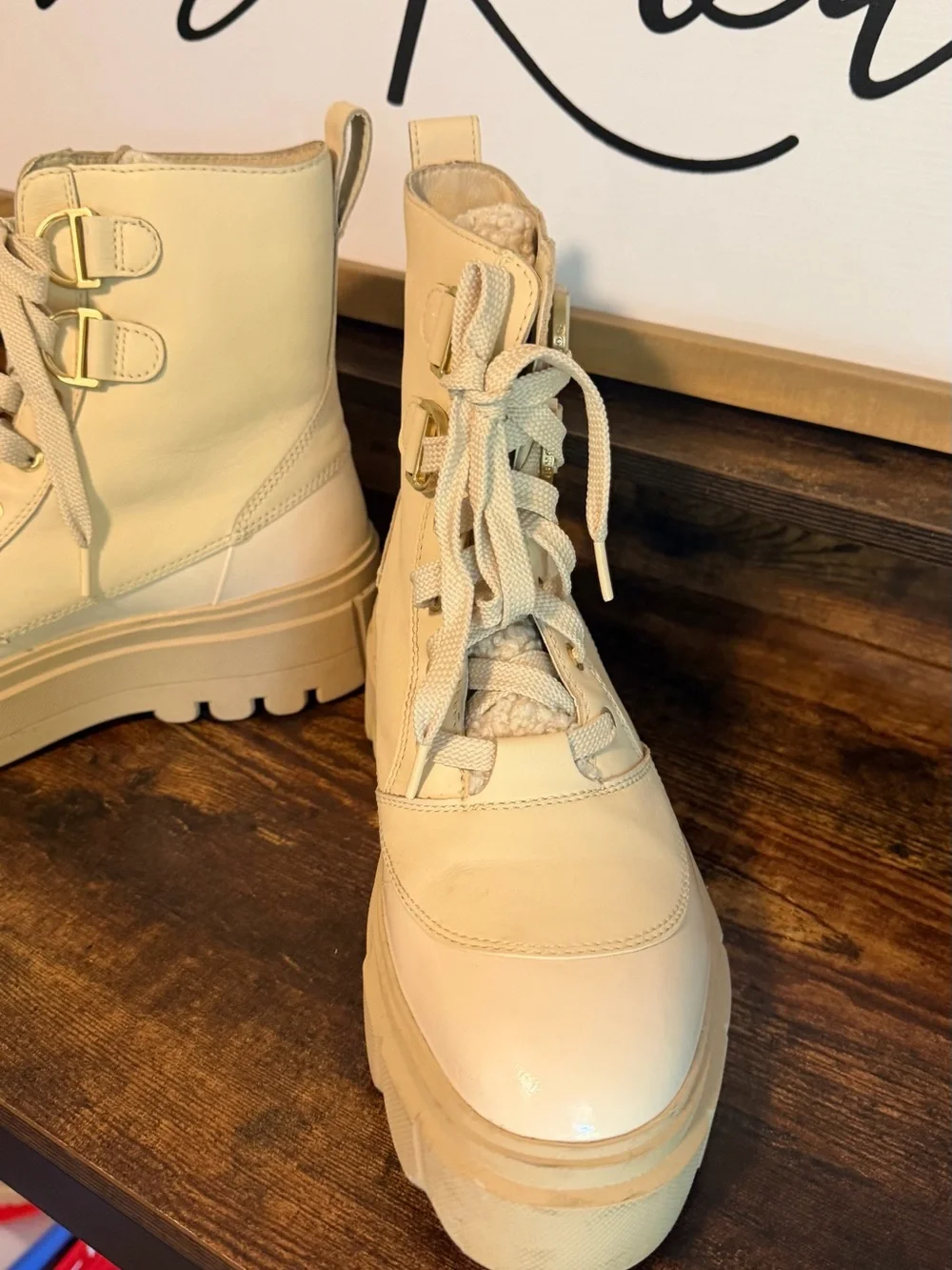 Sorel Cream Lace-Up Platform Combat Boots